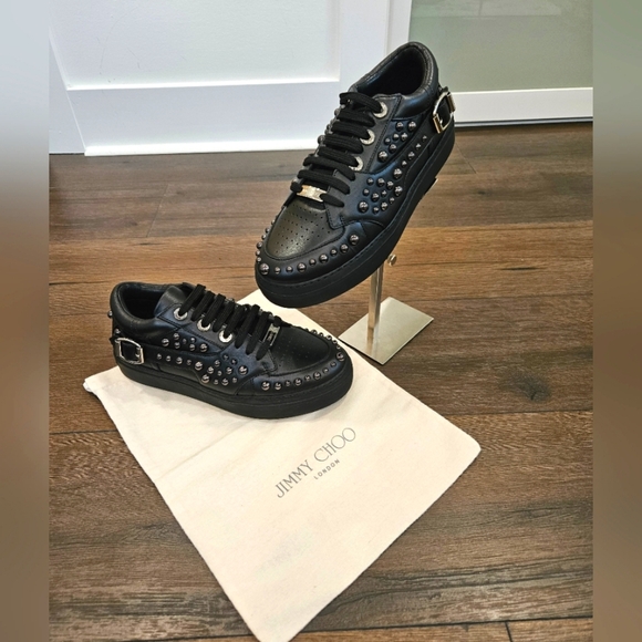 NWOT 🔴 Jimmy Choo Black Studded Leather Roman Sneakers - Size 39 1/2 - Picture 1 of 14